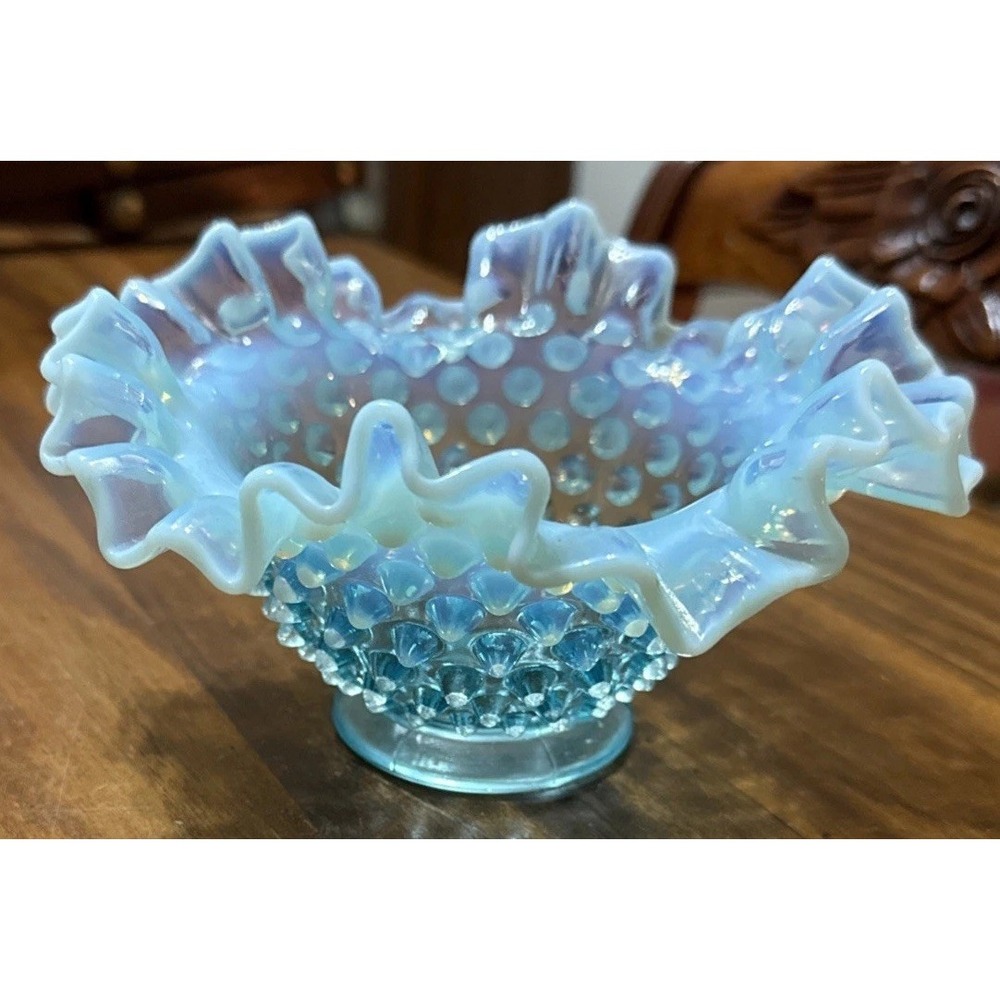 Fenton Blue Opalescent Hobnail Ruffled Bowl Vintage Art Glass 7"